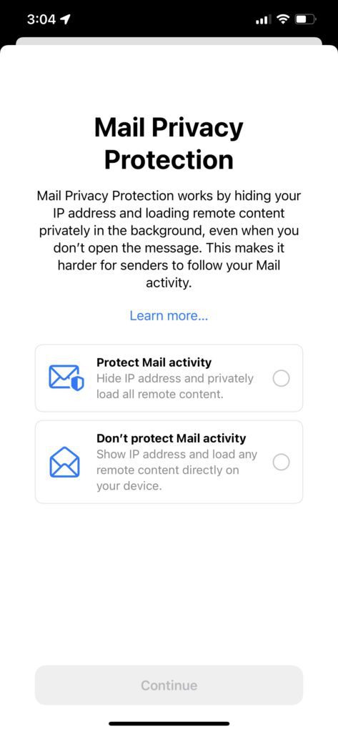 Apple Mail Privacy selection screen